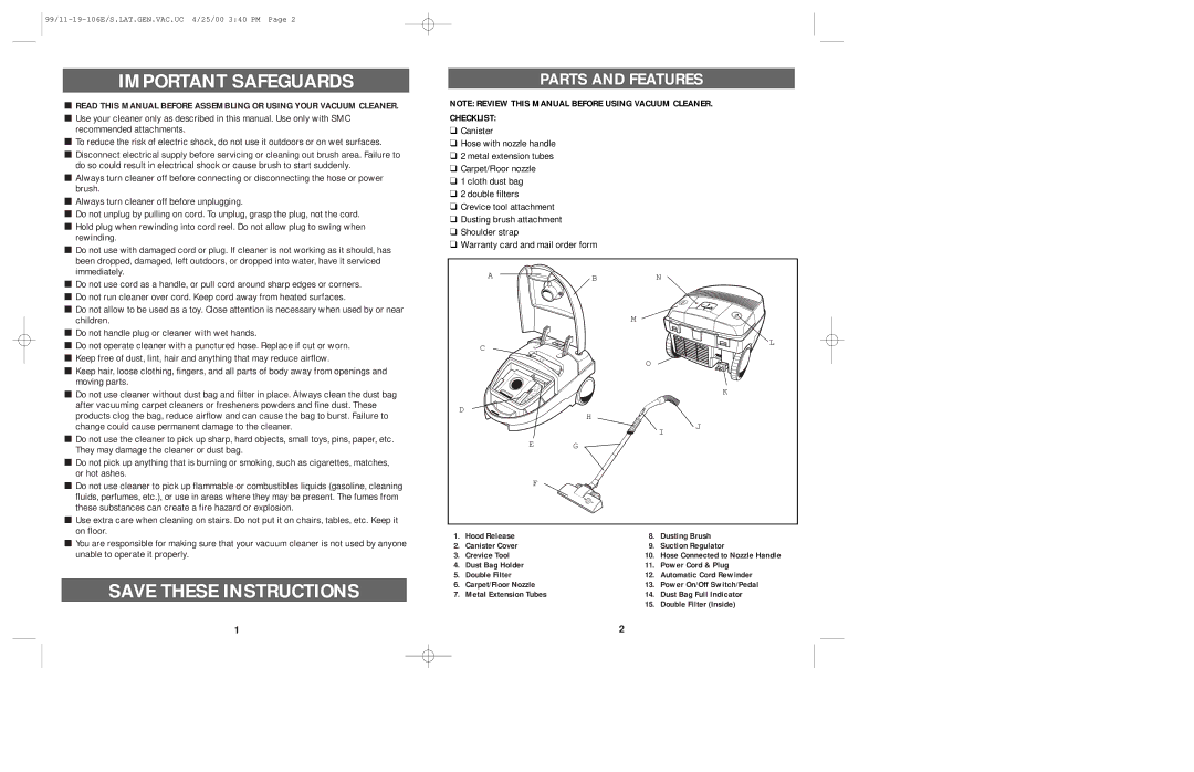 Windmere V1000 manual Important Safeguards, Parts and Features, Checklist 