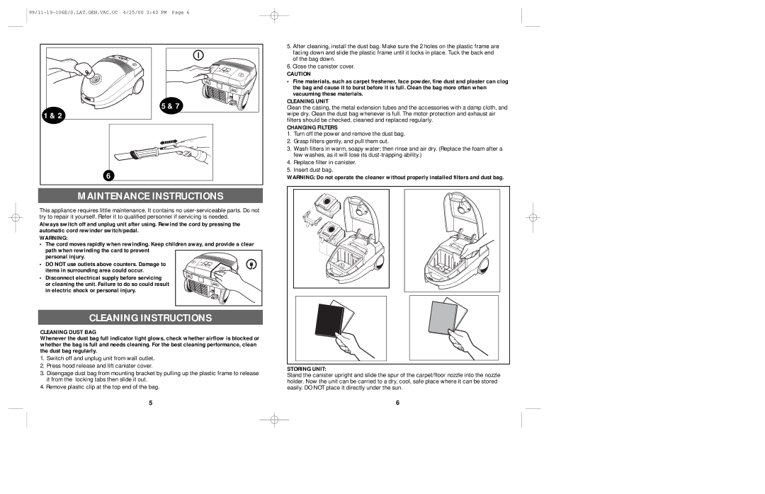 Windmere V1000 manual Maintenance Instructions, Cleaning Instructions 