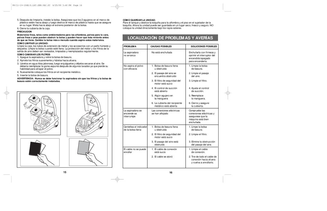 Windmere V1000 manual Localización DE Problemas Y Averías 