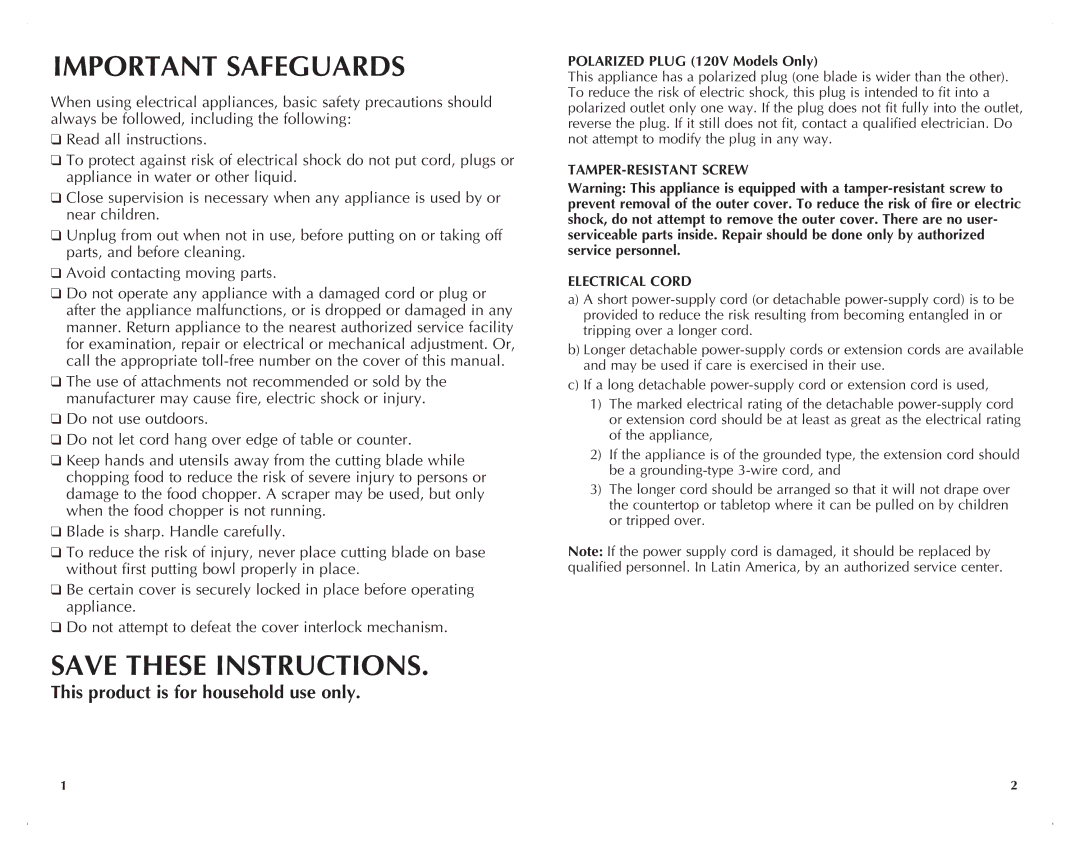 Windmere WCH200C manual Important Safeguards, Polarized Plug 120V Models Only 