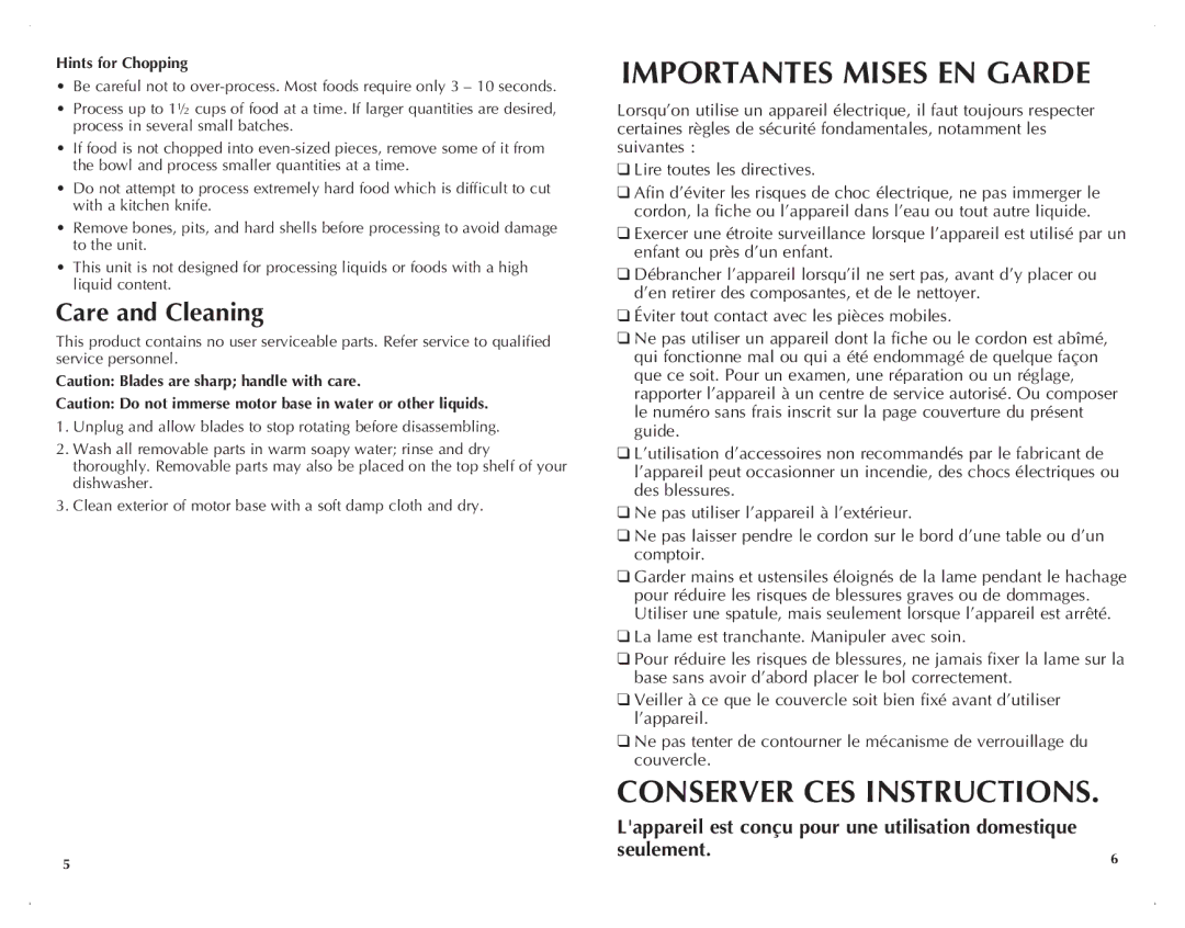 Windmere WCH200C manual Care and Cleaning, Hints for Chopping 