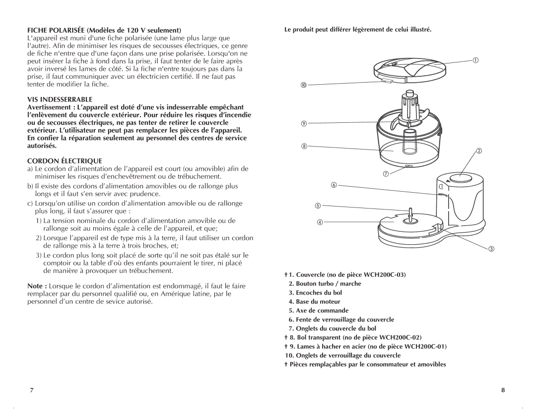 Windmere WCH200C manual Fiche Polarisée Modèles de 120 V seulement, VIS Indesserrable 