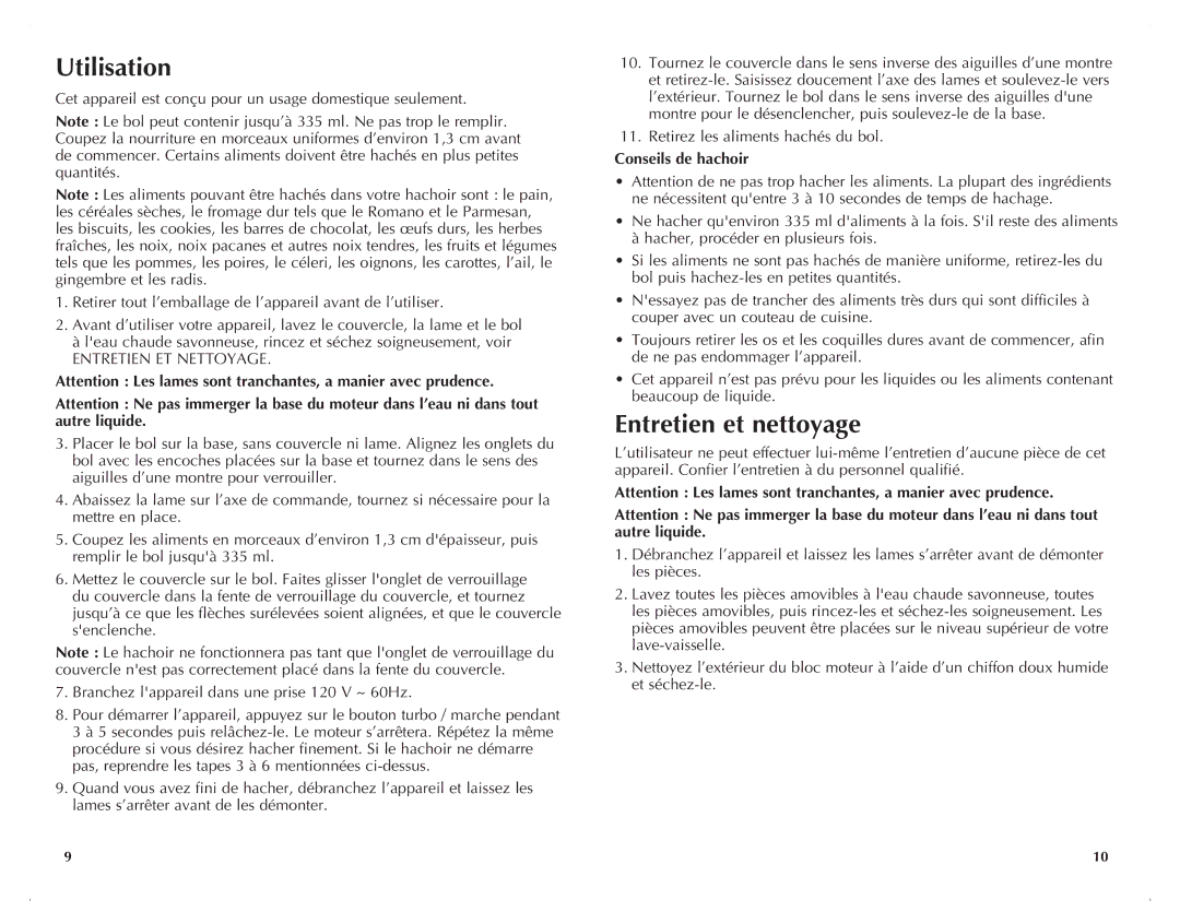 Windmere WCH200C manual Utilisation, Entretien et nettoyage, Conseils de hachoir 