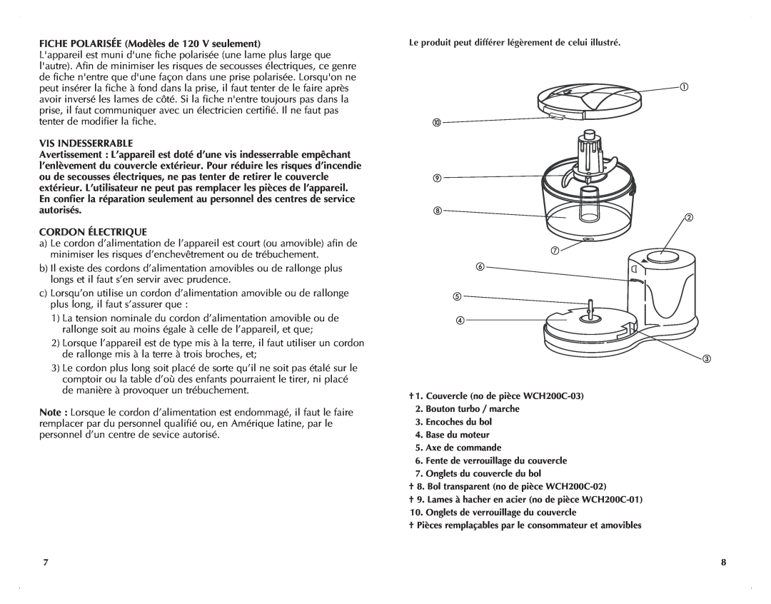 Windmere WCH200C manual FICHE POLARISÉE Modèles de 120 V seulement, Vis Indesserrable, Cordon Électrique 