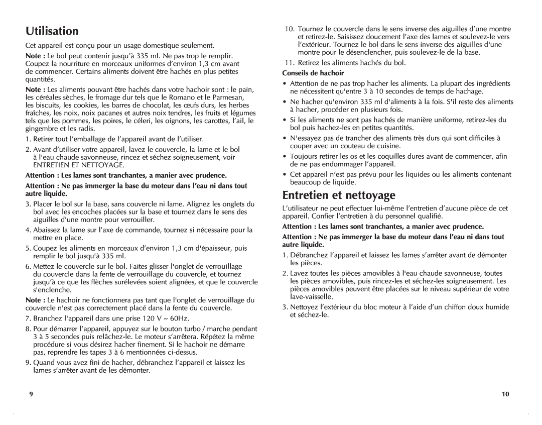 Windmere WCH200C manual Utilisation, Entretien et nettoyage, Conseils de hachoir 
