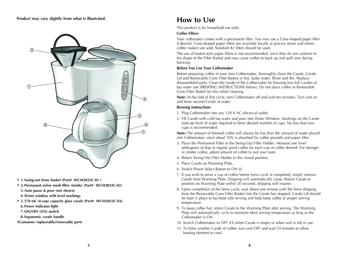 Windmere WCM2022C How to Use, Product may vary slightly from what is illustrated, Coffee Filters, Brewing Instructions 