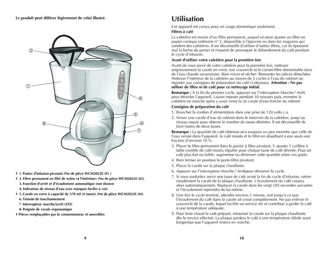 Windmere WCM2022C manual Utilisation, Le produit peut différer légèrement de celui illustré, Filtres à café 