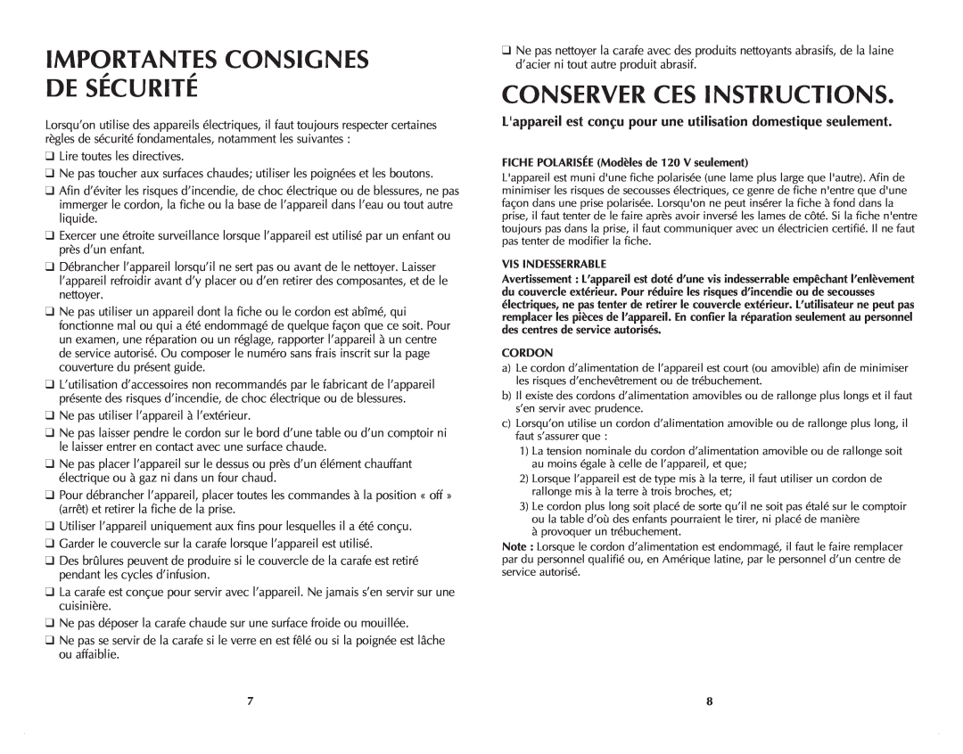 Windmere WCM2022C manual Importantes Consignes De Sécurité, Conserver Ces Instructions 