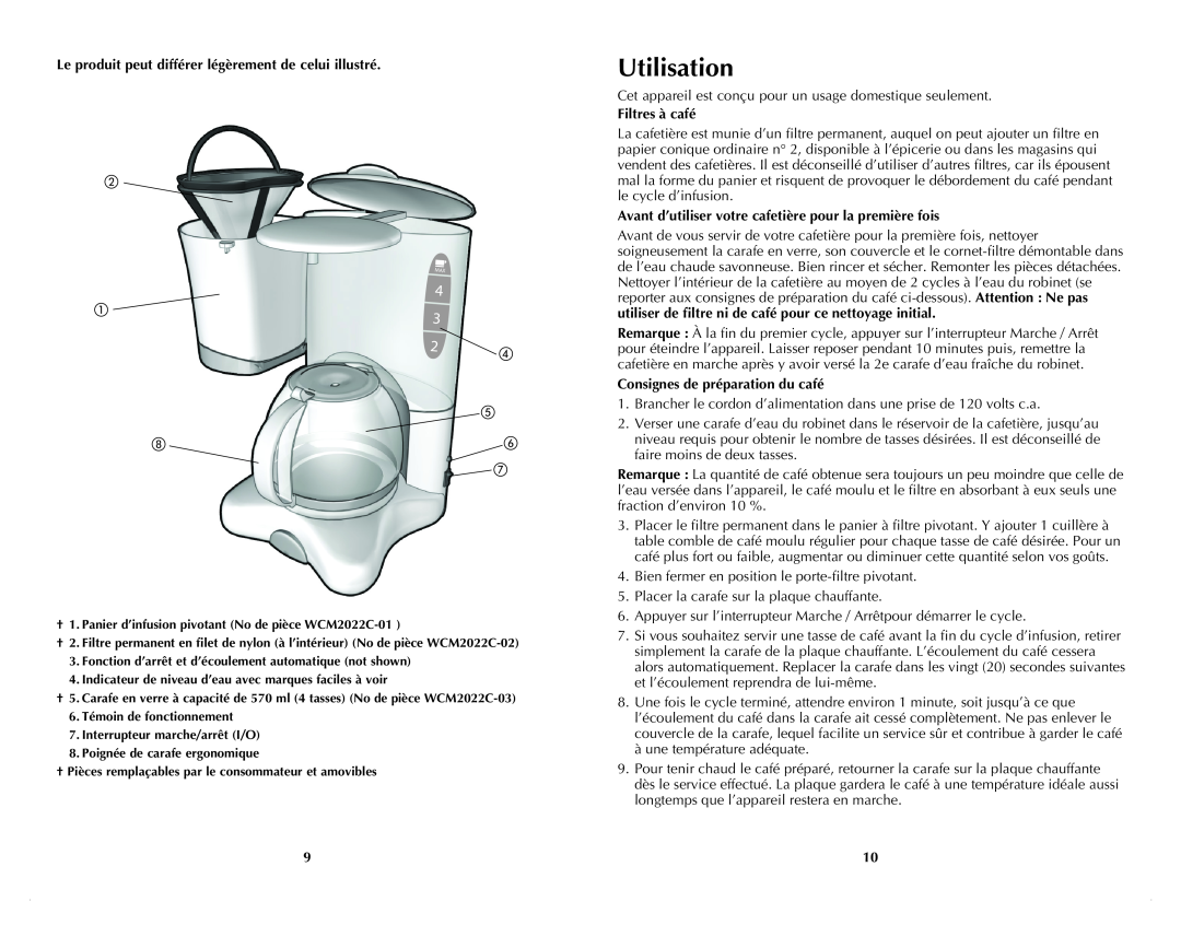 Windmere WCM2022C manual Utilisation, Filtres à café, Consignes de préparation du café 
