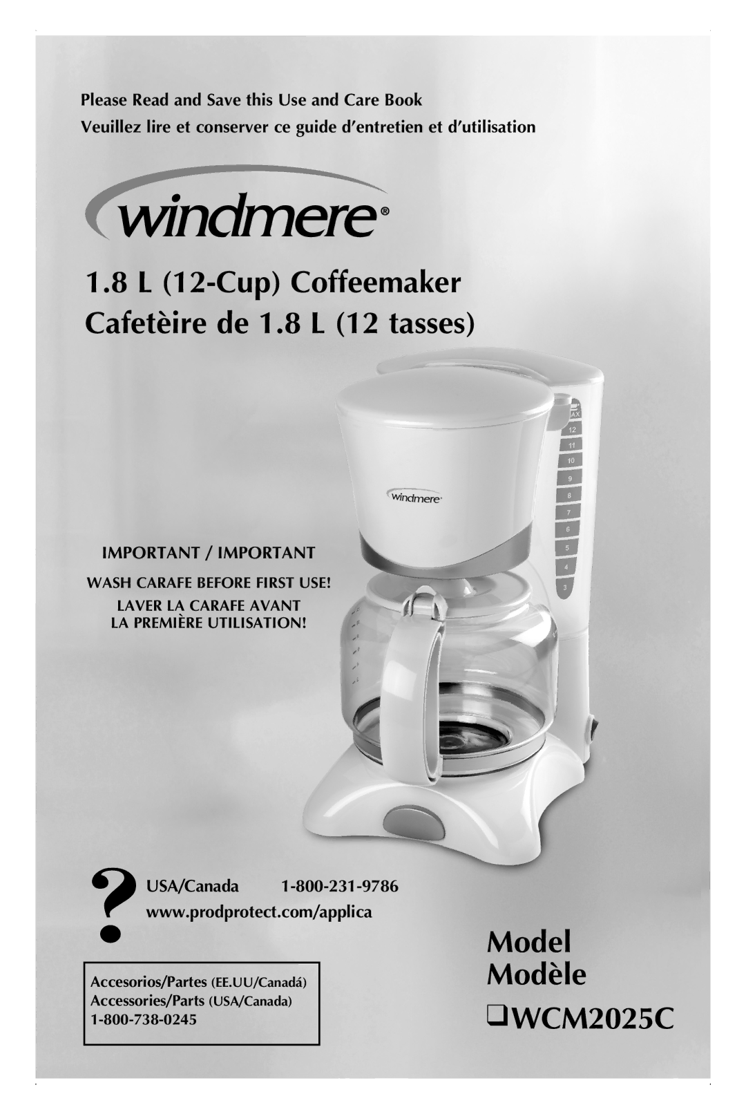 Windmere manual Model Modèle WCM2025C, Important / Important, USA/Canada 