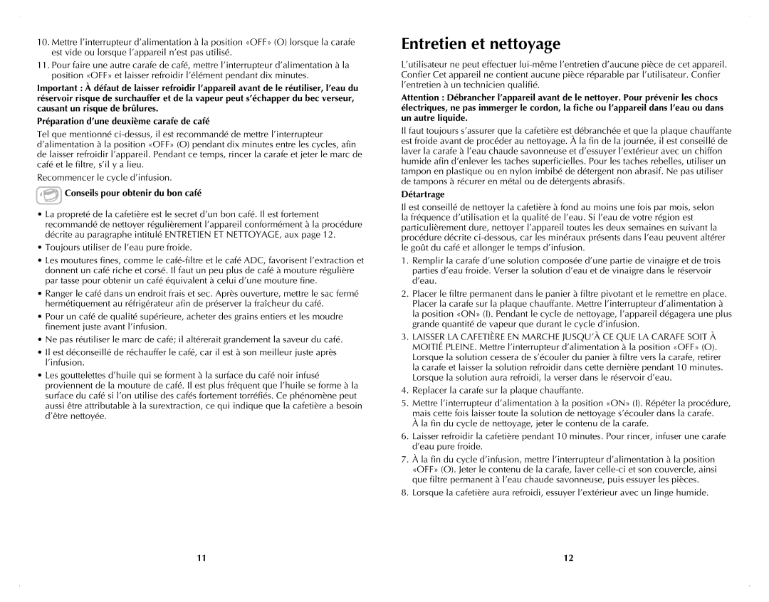 Windmere WCM2025C manual Entretien et nettoyage, Conseils pour obtenir du bon café, Détartrage 