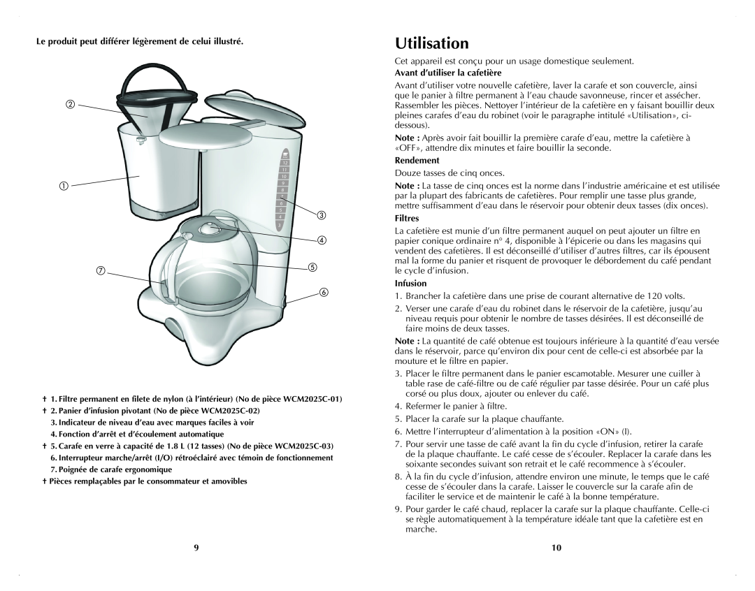 Windmere WCM2025C manual Utilisation, Avant d’utiliser la cafetière, Rendement, Filtres, Infusion 