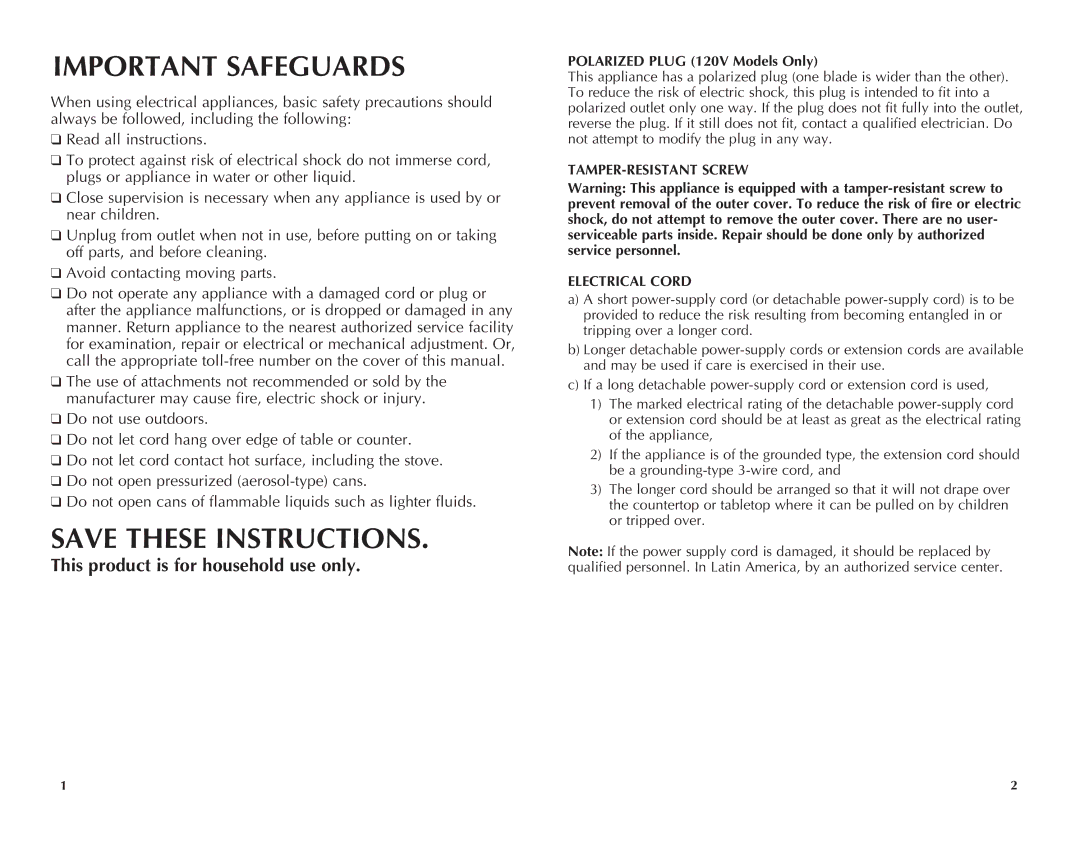 Windmere WCO200C manual Polarized Plug 120V Models Only, TAMPER-RESISTANT Screw Electrical Cord 