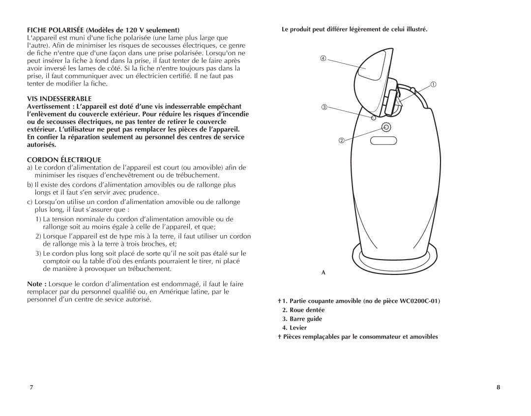 Windmere WCO200C manual Fiche Polarisée Modèles de 120 V seulement, VIS Indesserrable, Cordon Électrique 