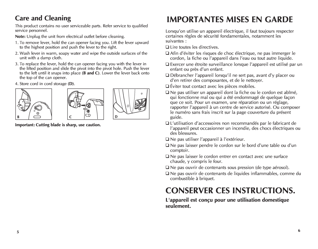 Windmere WCO200C manual Importantes Mises En Garde, Conserver Ces Instructions, Care and Cleaning 