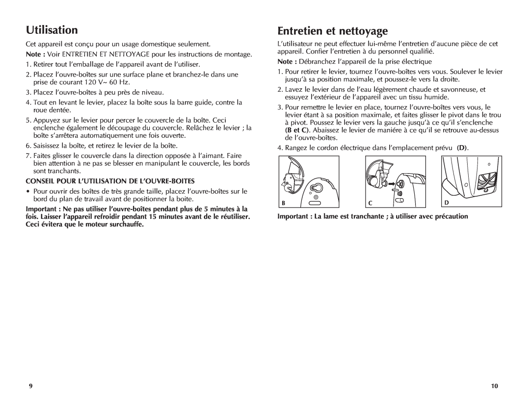 Windmere WCO200C manual Entretien et nettoyage, Conseil Pour L’Utilisation De L’Ouvre-Boites 