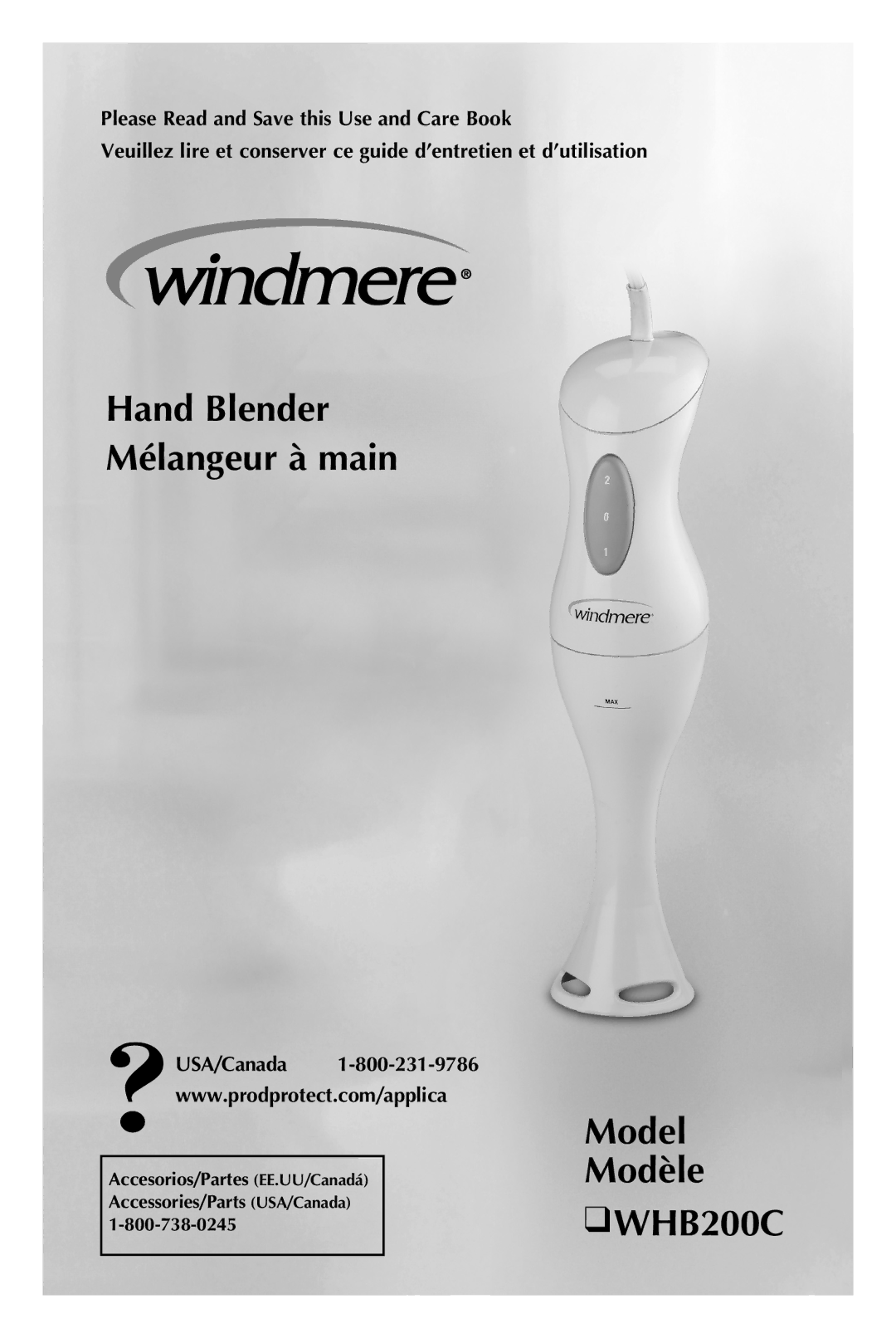 Windmere manual Hand Blender Mélangeur à main, Model Modèle WHB200C, USA/Canada 