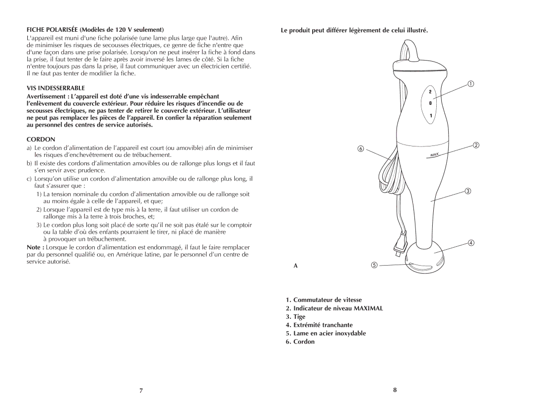 Windmere WHB200C manual Fiche Polarisée Modèles de 120 V seulement, VIS Indesserrable, Cordon 