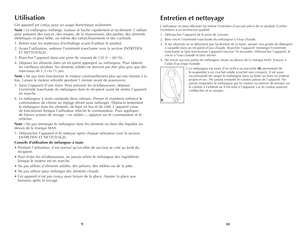 Windmere WHB200C manual Utilisation, Entretien et nettoyage, Conseils d’utilisation de mélangeur à main 