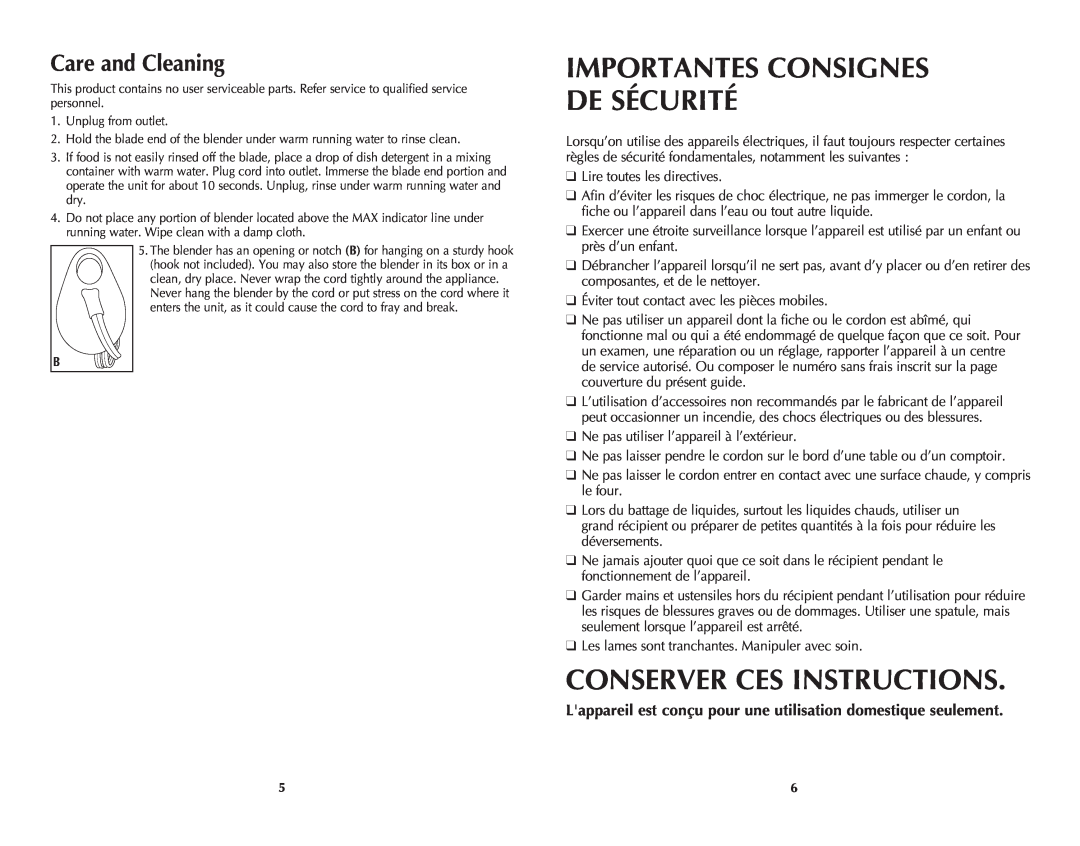 Windmere WHB200C manual Importantes Consignes De Sécurité, Conserver Ces Instructions, Care and Cleaning 