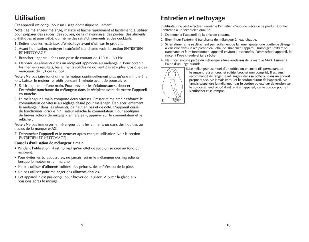Windmere WHB200C manual Utilisation, Entretien et nettoyage, Conseils d’utilisation de mélangeur à main 