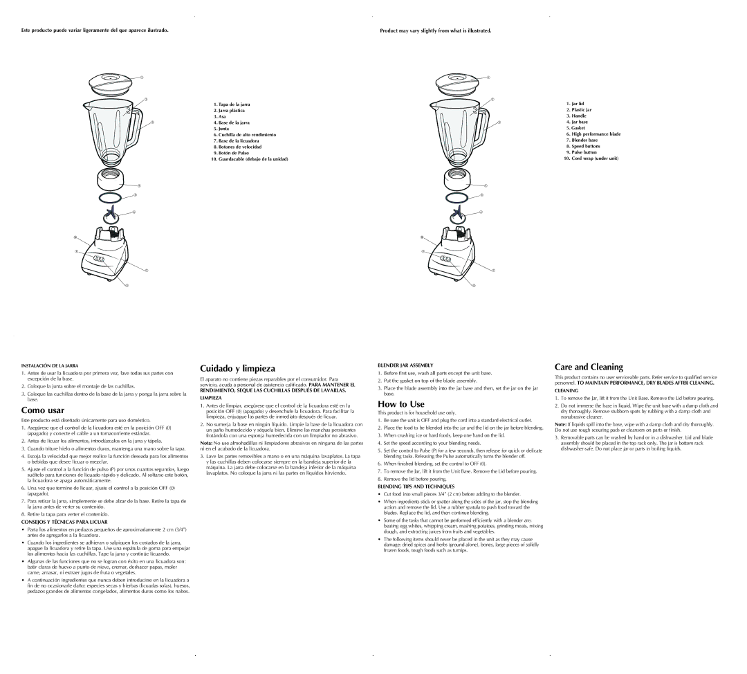 Windmere WMBLH3V warranty Como usar, Cuidado y limpieza, How to Use, Care and Cleaning 