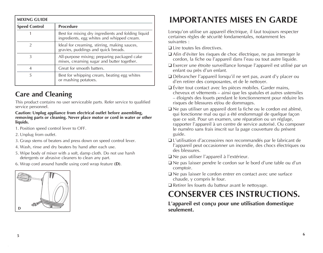 Windmere WMX5100C manual Care and Cleaning, Mixing Guide, Speed Control Procedure 