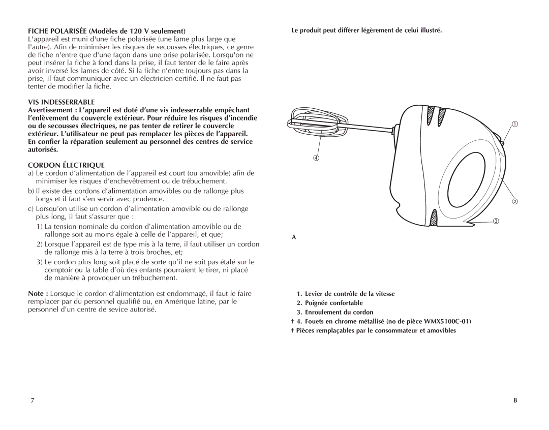 Windmere WMX5100C manual Fiche Polarisée Modèles de 120 V seulement, VIS Indesserrable, Cordon Électrique 