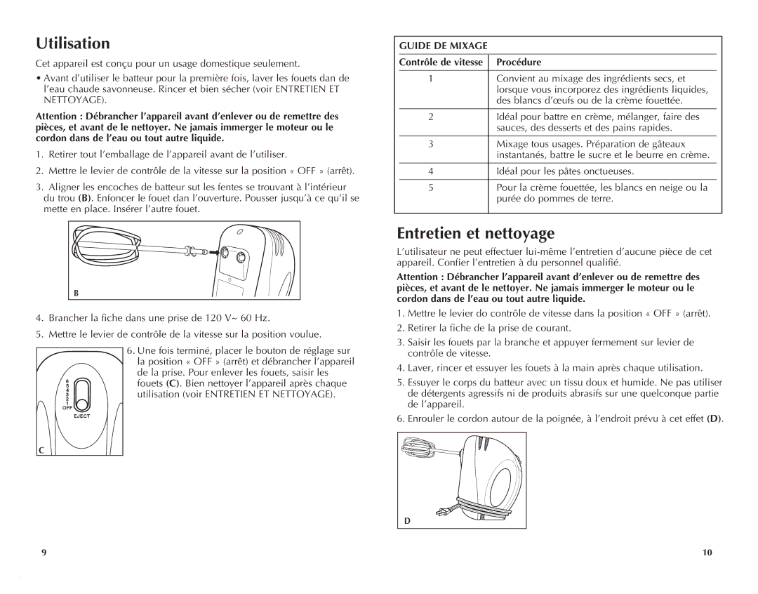 Windmere WMX5100C manual Utilisation, Entretien et nettoyage, Guide DE Mixage 