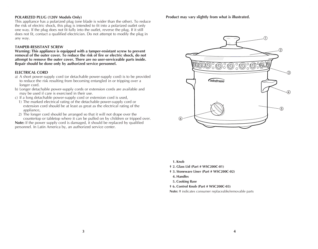 Windmere WSC200C manual Polarized Plug 120V Models Only, TAMPER-RESISTANT Screw Electrical Cord 