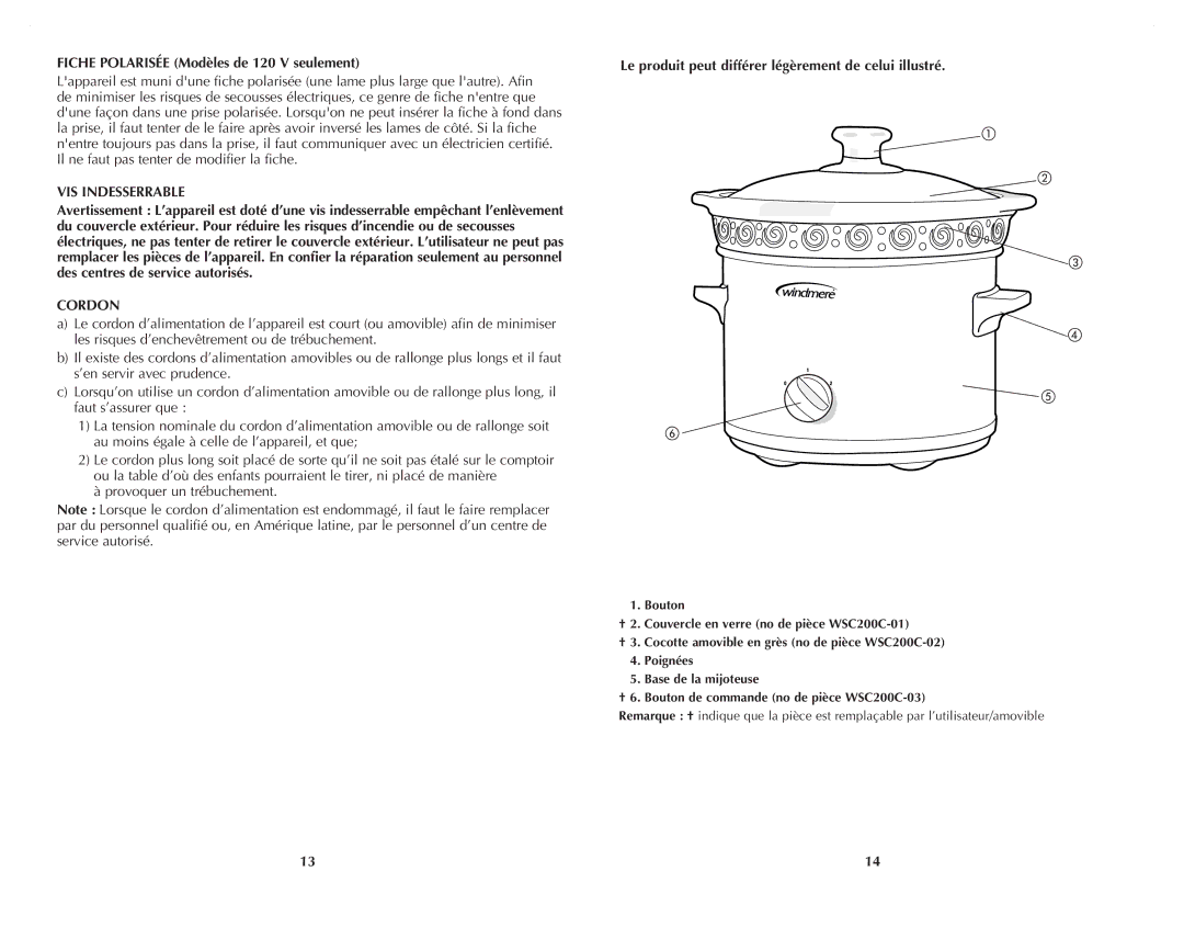 Windmere WSC200C manual Fiche Polarisée Modèles de 120 V seulement, VIS Indesserrable, Cordon 