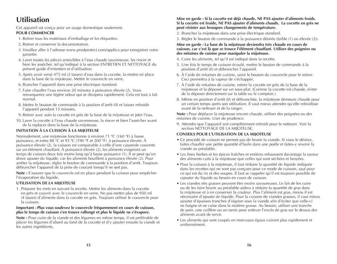 Windmere WSC200C manual Pour Commencer, Initiation à la cuisson à la mijoteuse, Utilisation de la mijoteuse 