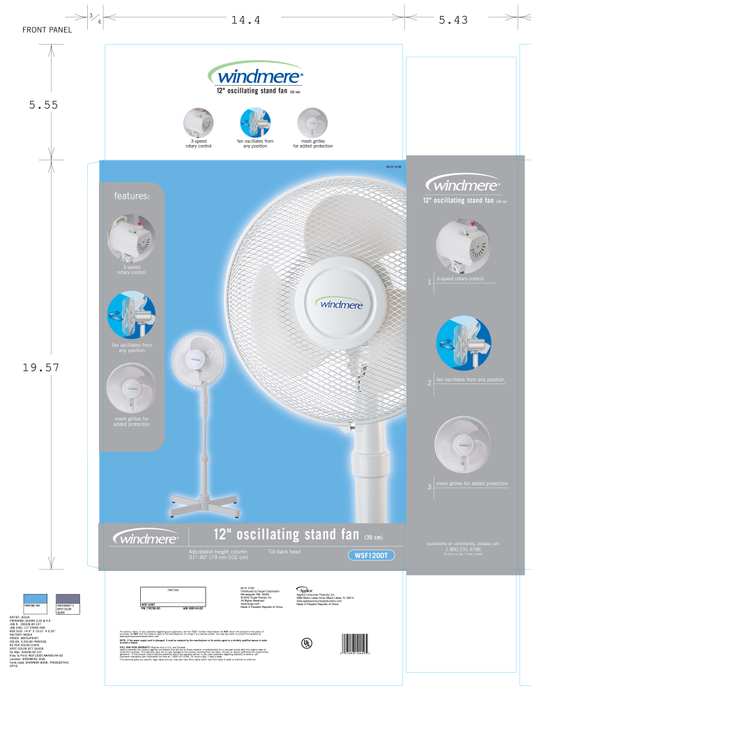 Windmere WSF1200T warranty oscillating stand fan 30 cm, 5.55, 19.57, 14.4, 5.43, features, Front Panel, Tilt-backhead 