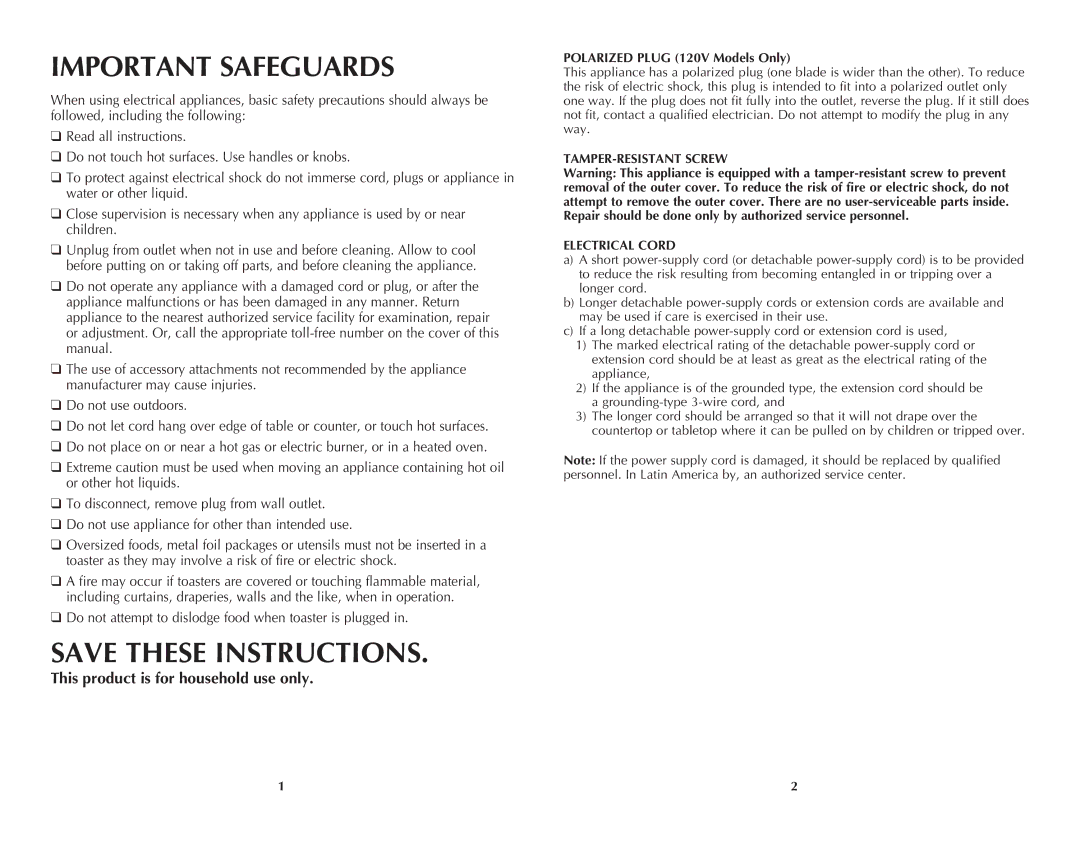 Windmere WT200C manual Important Safeguards, Polarized Plug 120V Models Only, TAMPER-RESISTANT Screw Electrical Cord 