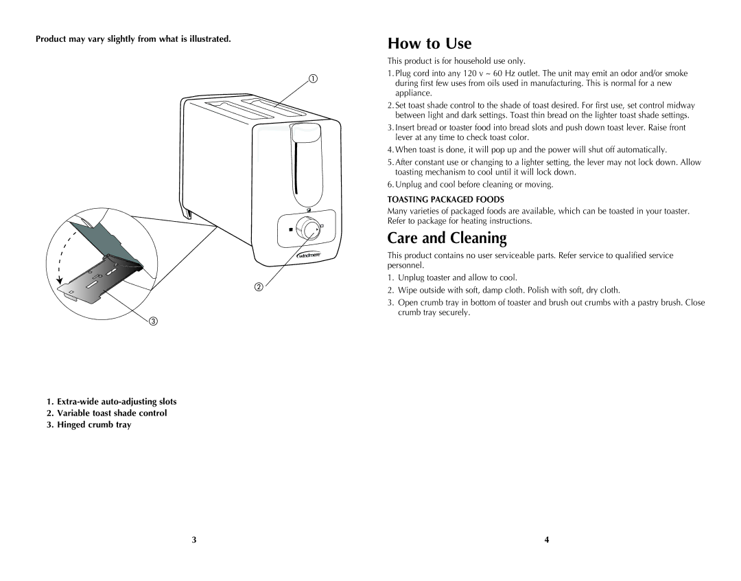 Windmere WT200C How to Use, Care and Cleaning, Product may vary slightly from what is illustrated, Toasting Packaged Foods 