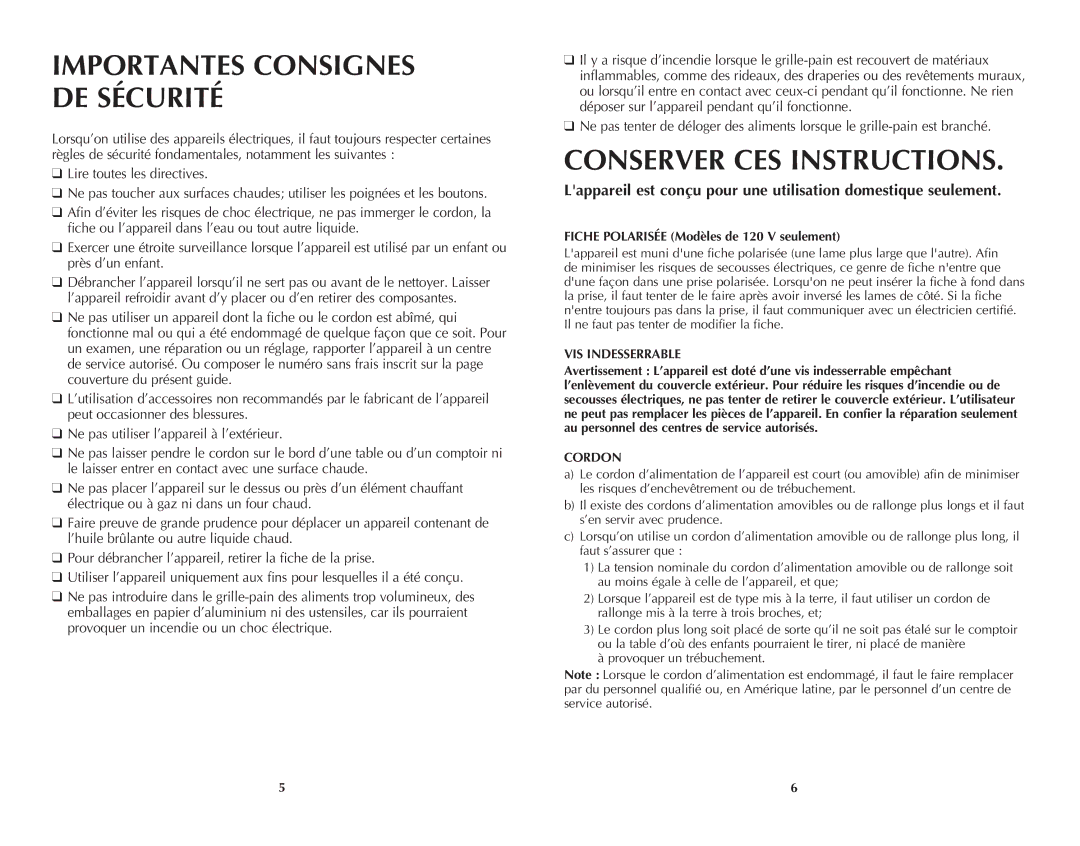 Windmere WT200C Importantes Consignes DE Sécurité, Conserver CES Instructions, Fiche Polarisée Modèles de 120 V seulement 