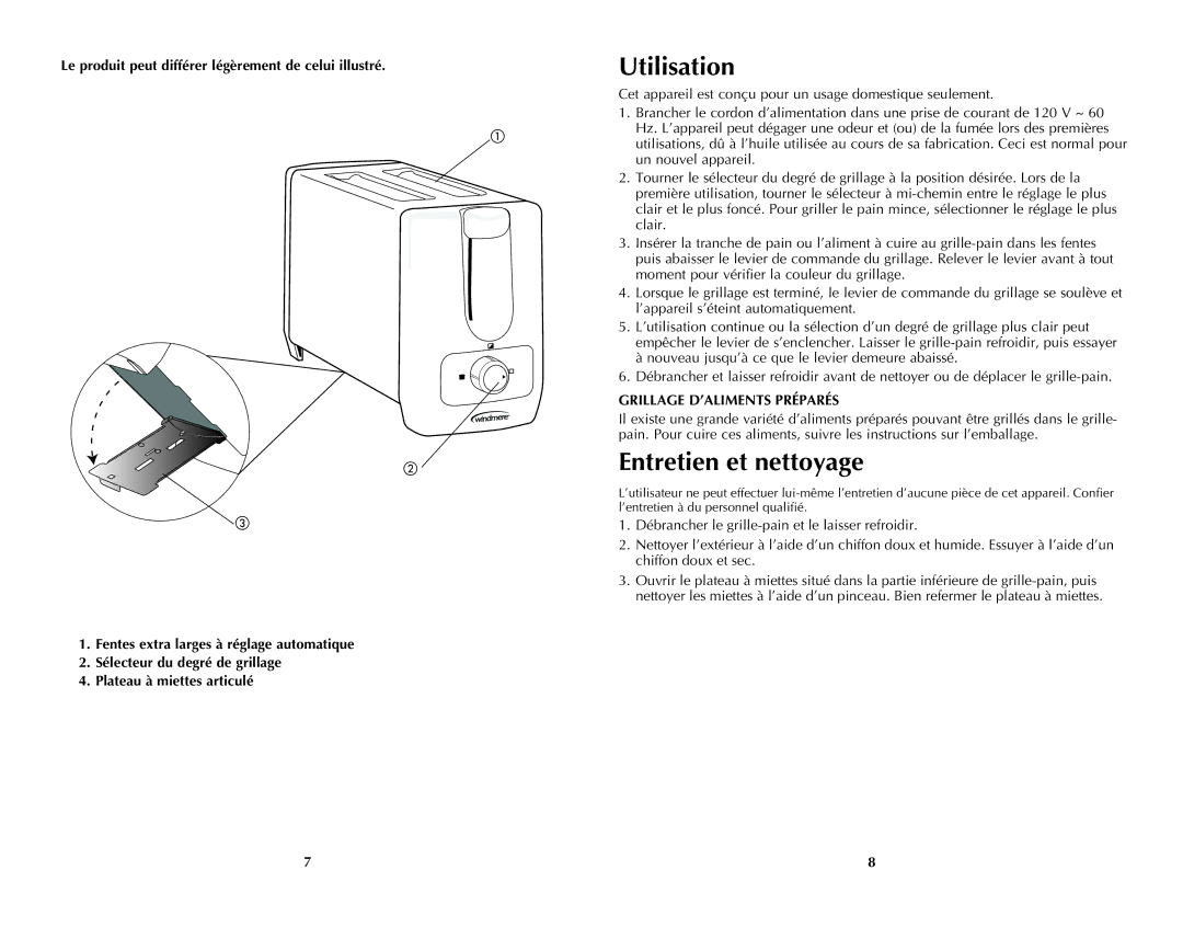 Windmere WT200C manual Utilisation, Entretien et nettoyage, Le produit peut différer légèrement de celui illustré 