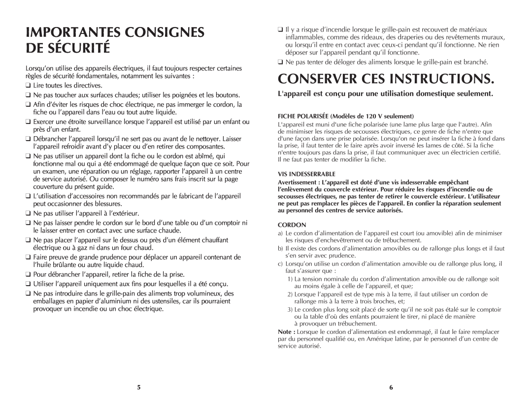 Windmere WT200C manual Importantes Consignes De Sécurité, Conserver Ces Instructions 