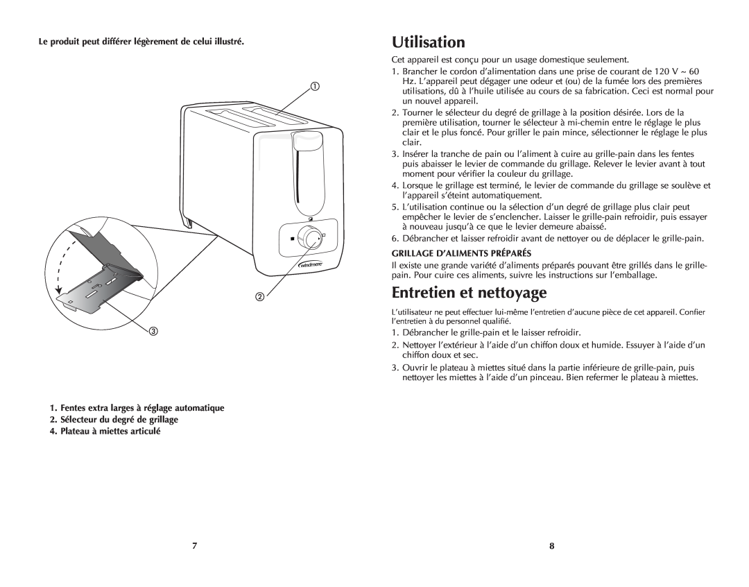 Windmere WT200C manual Utilisation, Entretien et nettoyage, Grillage D’Aliments Préparés, 2.Sélecteur du degré de grillage 