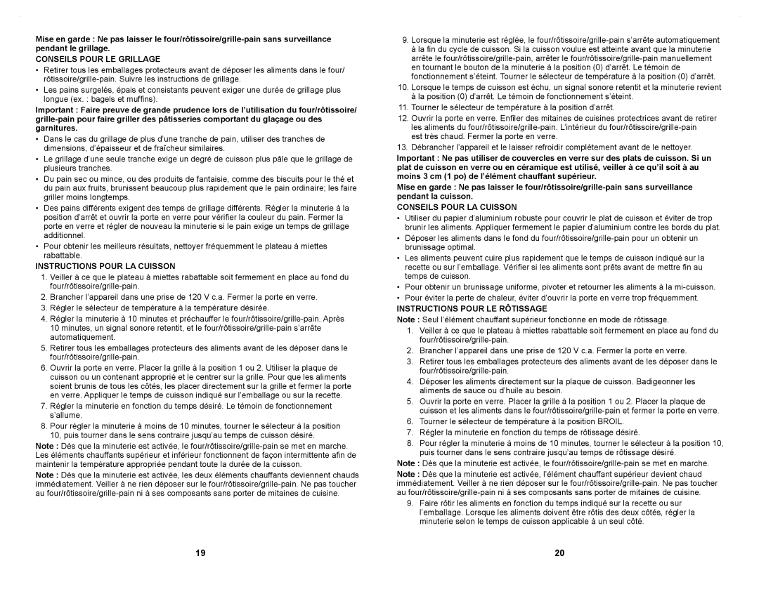 Windmere WTO4030C manual Conseils Pour LE Grillage, Instructions Pour LA Cuisson, Conseils Pour LA Cuisson 