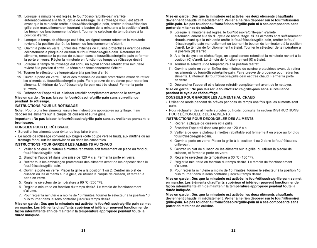 Windmere WTO4030C manual Conseils Pour LE Rôtissage, Instructions Pour Garder LES Aliments AU Chaud 