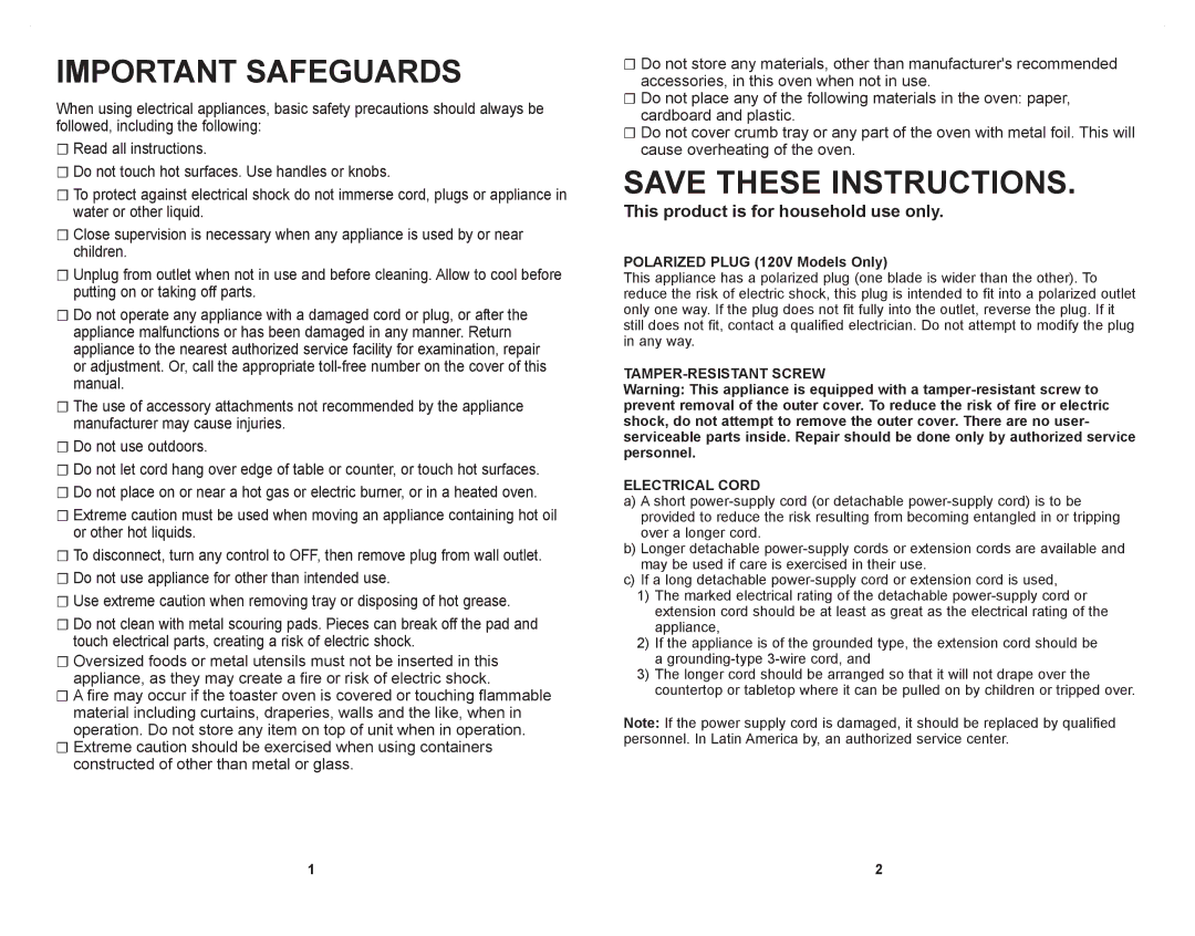 Windmere WTO4030C manual Important Safeguards, Polarized Plug 120V Models Only, TAMPER-RESISTANT Screw Electrical Cord 