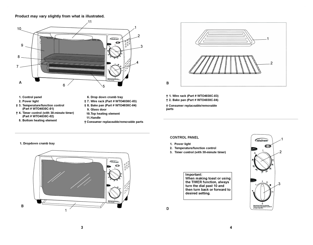 Windmere WTO4030C manual Product may vary slightly from what is illustrated, Control Panel 