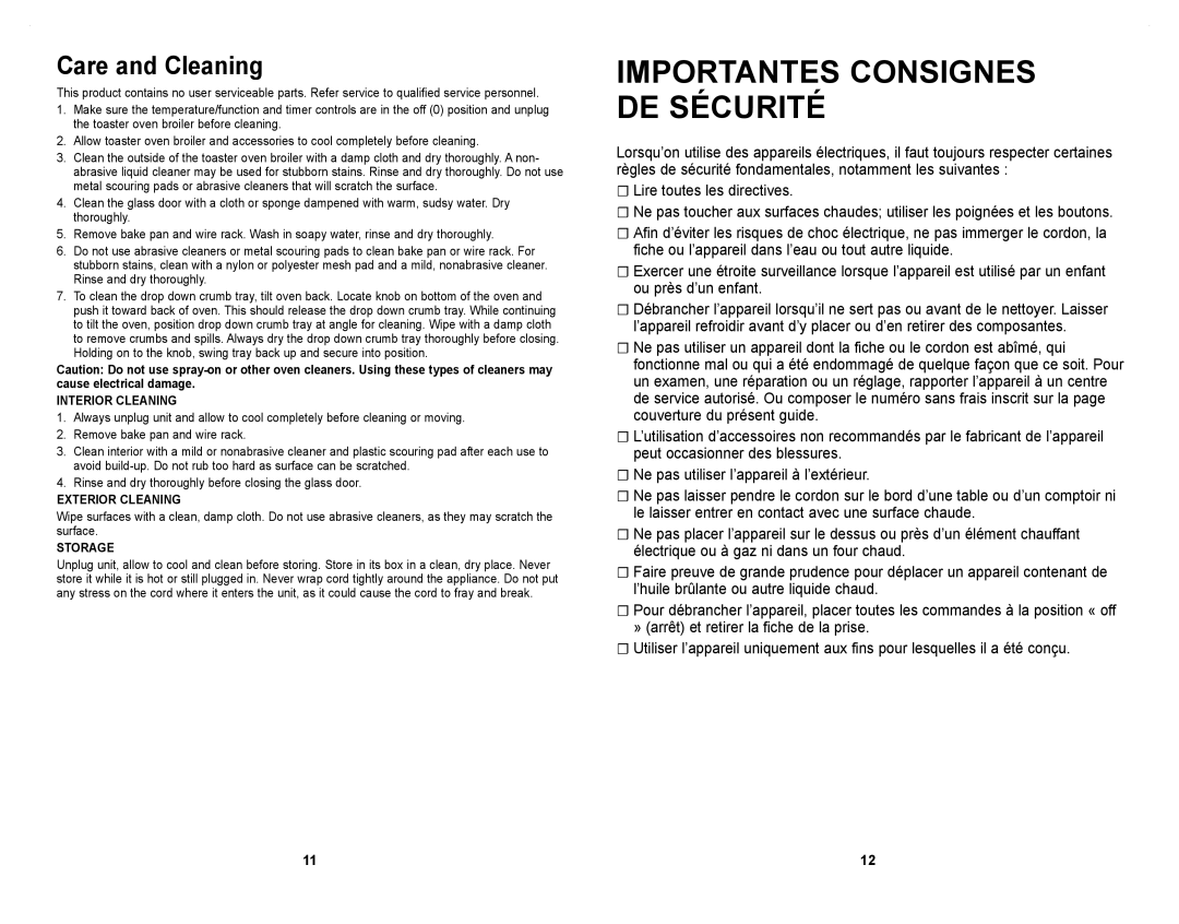 Windmere WTO4030C Importantes Consignes DE Sécurité, Care and Cleaning, Interior Cleaning, Exterior Cleaning, Storage 