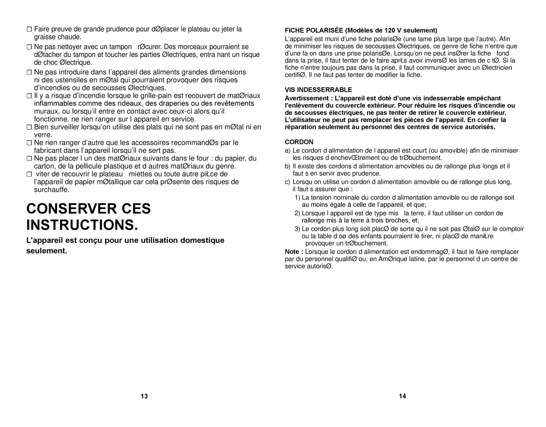 Windmere WTO4030C manual Conserver CES Instructions, Fiche Polarisée Modèles de 120 V seulement, VIS Indesserrable, Cordon 