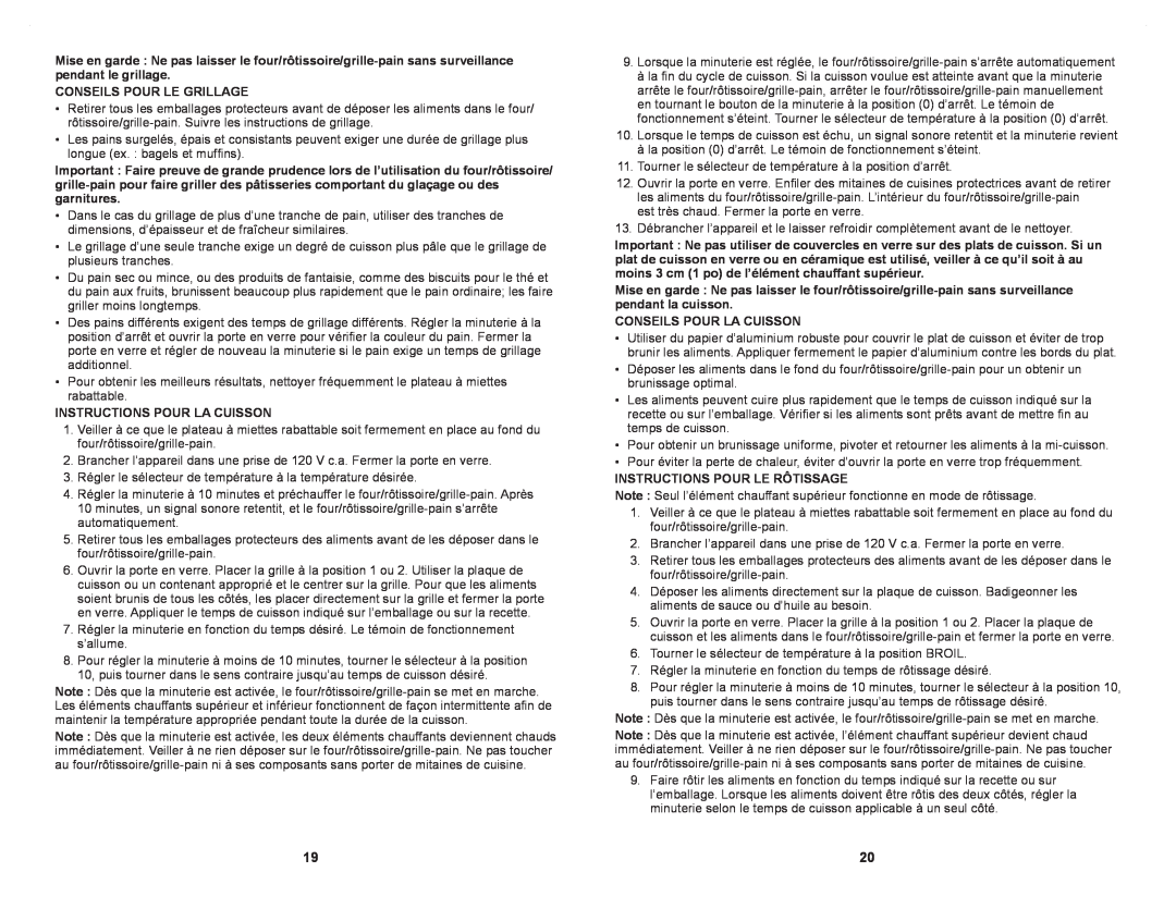 Windmere WTO4030C manual Conseils Pour Le Grillage 