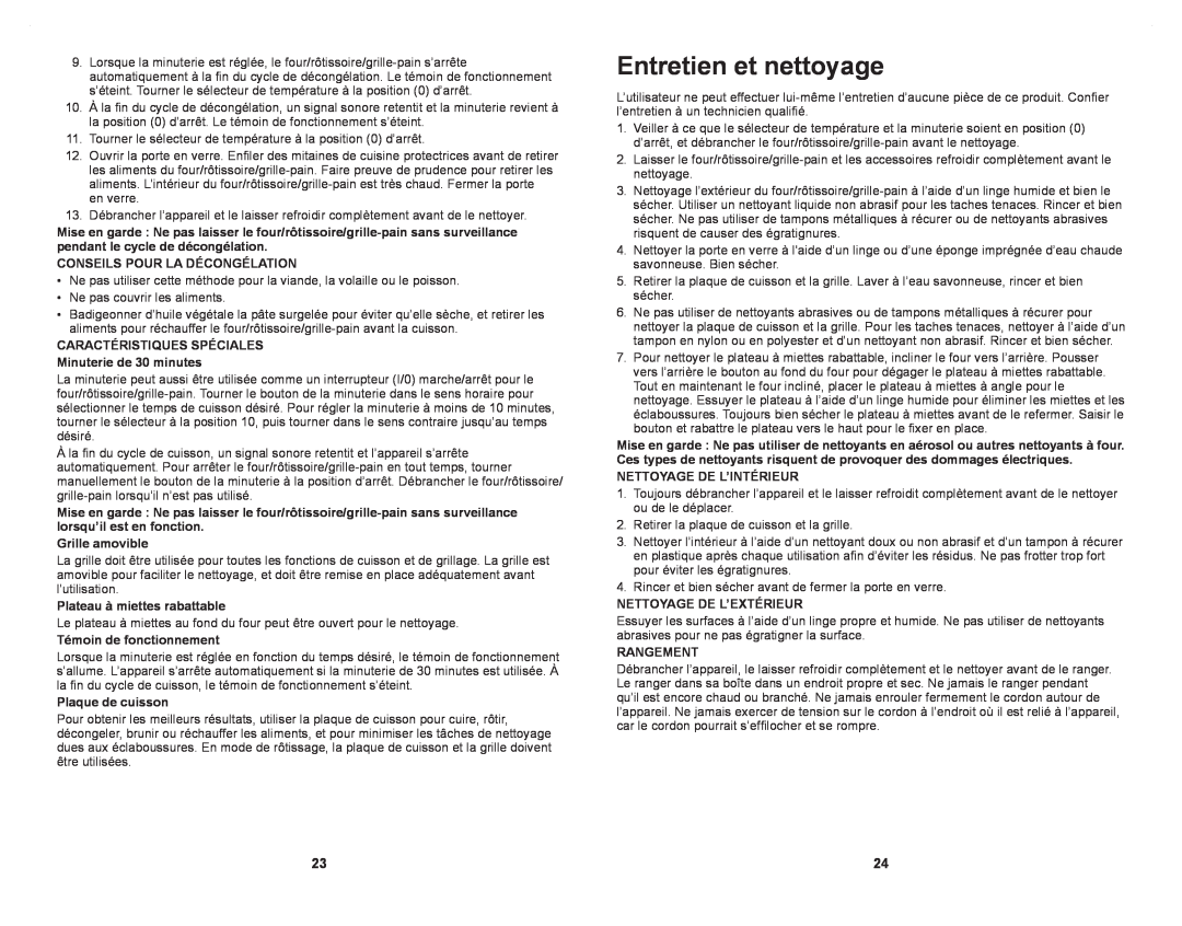 Windmere WTO4030C manual Entretien et nettoyage 