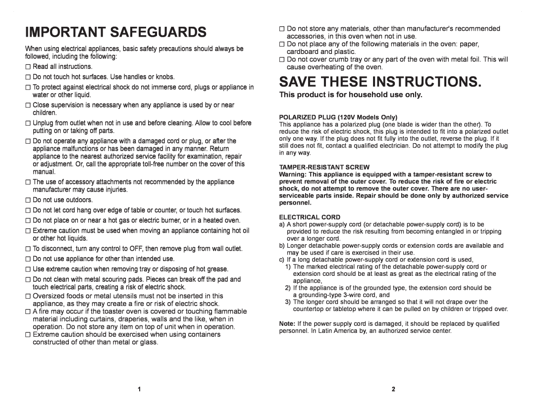 Windmere WTO4030C manual Important Safeguards, Save These Instructions, This product is for household use only 