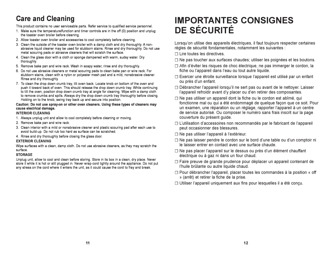Windmere WTO4030C manual Importantes Consignes De Sécurité, Care and Cleaning 