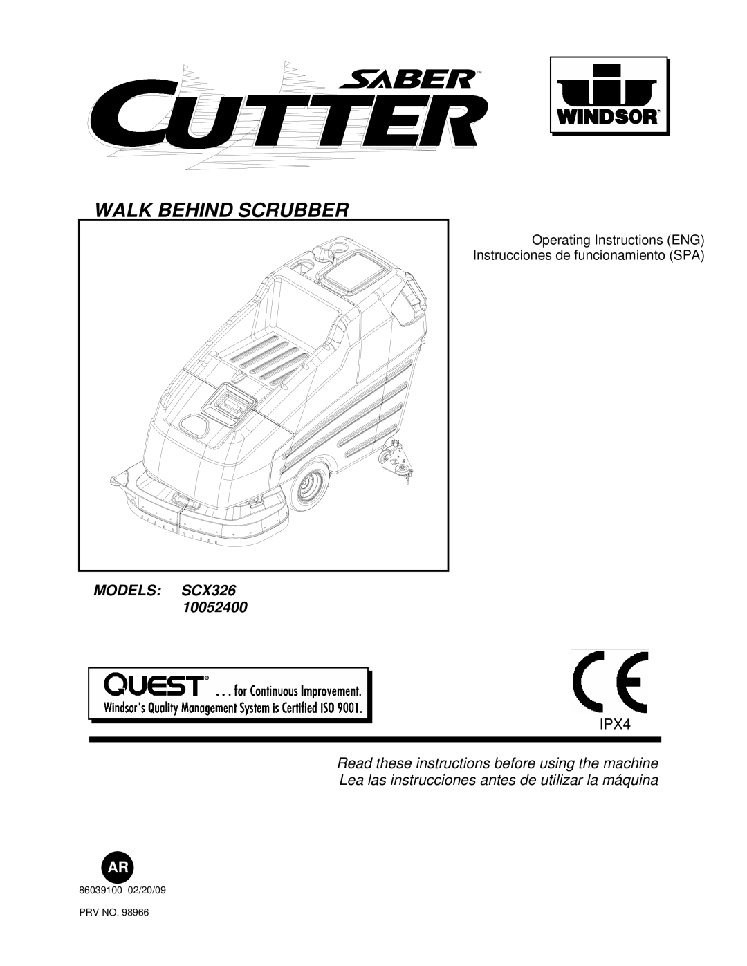 Windsor SCX326, 10052400 manual Walk Behind Scrubber 